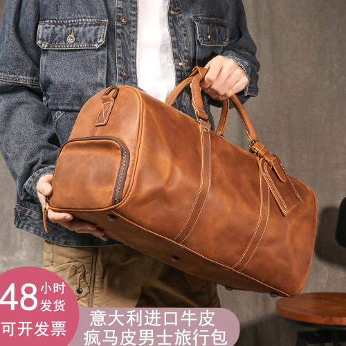 復古男士手提行李袋歐美瘋馬皮出差旅行包頭層牛皮大容量單肩斜背