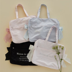 櫻花妹妹日系新款小清新銀色字母雙緞帶蝴蝶結待産瑜珈漫展旅行包