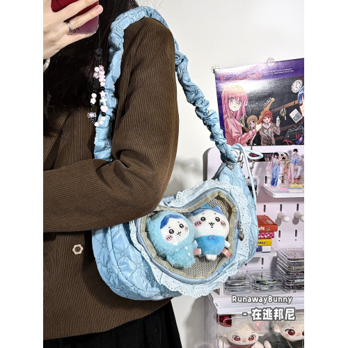 二次元JK百搭日常雲朵褶皺抽繩愛心痛層蕾絲痛包單肩斜背10cm娃包