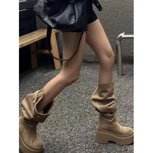 廢土風長筒靴女2024新款小個子厚底增高長靴大西北穿搭棕色堆堆靴