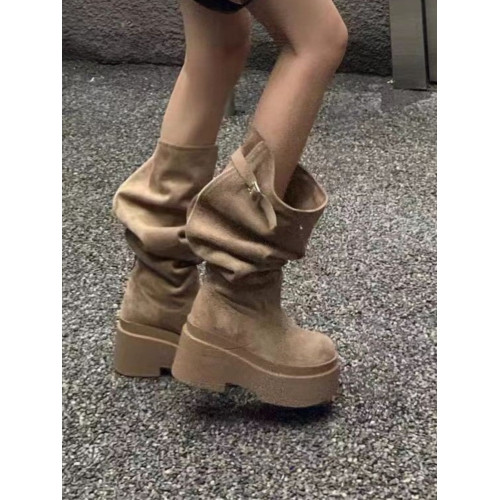 廢土風長筒靴女2024新款小個子厚底增高長靴大西北穿搭棕色堆堆靴