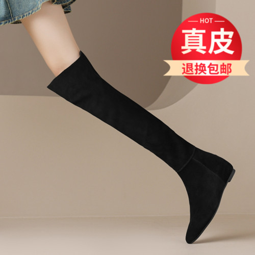 過膝靴2024年新款秋冬靴子彈力絨面粗跟時尚長筒靴方頭氣質女長靴 過膝靴2024年新款秋冬靴子彈力絨面粗跟時尚長筒靴方頭氣質女長靴