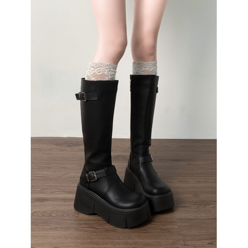 復古法式黑色厚底長筒靴女2025新款秋冬小個子胖mm顯瘦增高騎士靴 復古法式黑色厚底長筒靴女2025新款秋冬小個子胖mm顯瘦增高騎士靴