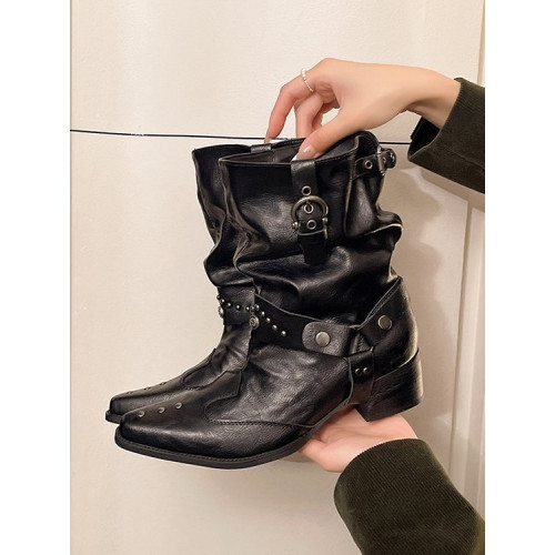 2025超火短靴尖頭粗跟鉚釘堆堆靴西部牛仔時裝靴女英倫風個性靴子