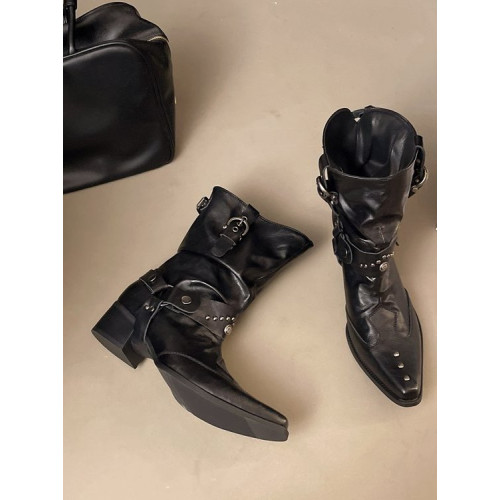 2025超火短靴尖頭粗跟鉚釘堆堆靴西部牛仔時裝靴女英倫風個性靴子