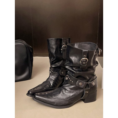 2025超火短靴尖頭粗跟鉚釘堆堆靴西部牛仔時裝靴女英倫風個性靴子