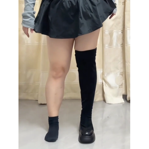 羊皮版~胖mm過膝靴大筒圍彈力小個子厚底高筒靴秋冬彈力瘦瘦靴