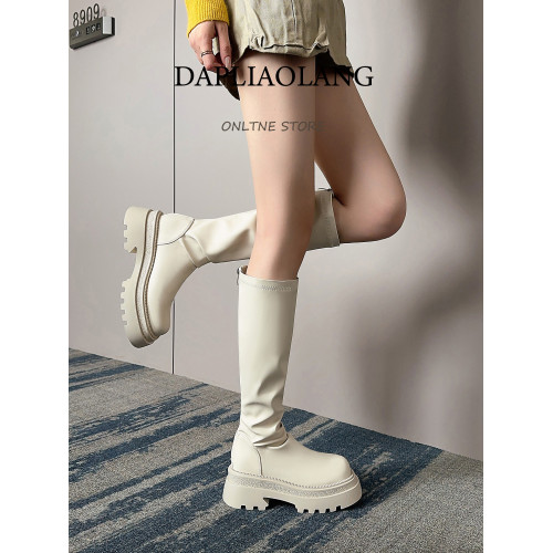 白色顯瘦胖mm長筒靴女粗腿高筒大筒圍厚底瘦瘦靴褶皺堆堆大碼長靴 白色顯瘦胖mm長筒靴女粗腿高筒大筒圍厚底瘦瘦靴褶皺堆堆大碼長靴