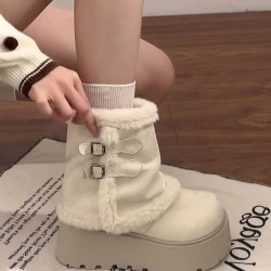 品牌白色厚底雪地靴女2025冬季加絨保暖毛毛短靴小個子增高棉鞋