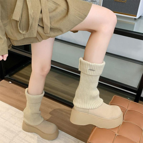 2025新款厚底針織襪女增高休閒長靴百搭多變透氣時尚拼接洋氣高靴