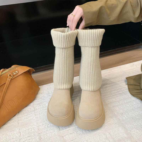 2025新款厚底針織襪女增高休閒長靴百搭多變透氣時尚拼接洋氣高靴