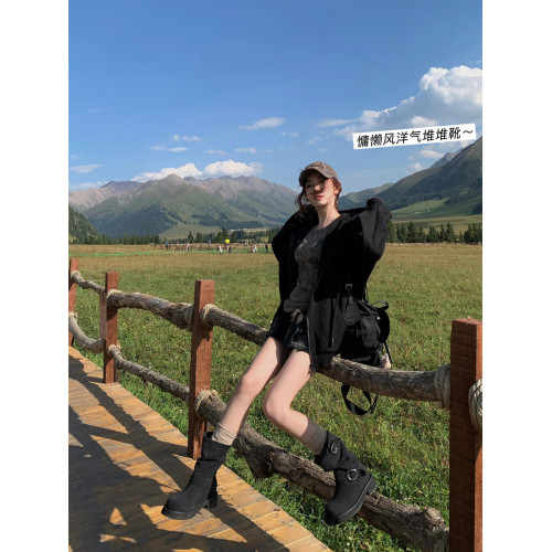 早秋中筒短靴女2024新款秋季擦色磨砂真皮厚底馬丁靴女款堆堆靴子