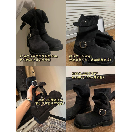 早秋中筒短靴女2024新款秋季擦色磨砂真皮厚底馬丁靴女款堆堆靴子