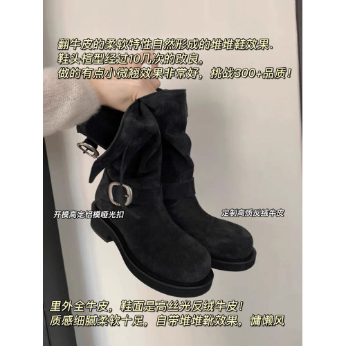 早秋中筒短靴女2024新款秋季擦色磨砂真皮厚底馬丁靴女款堆堆靴子