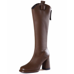 方頭騎士靴女2025新款春大東真皮百搭高跟靴子加絨粗跟不過膝長靴