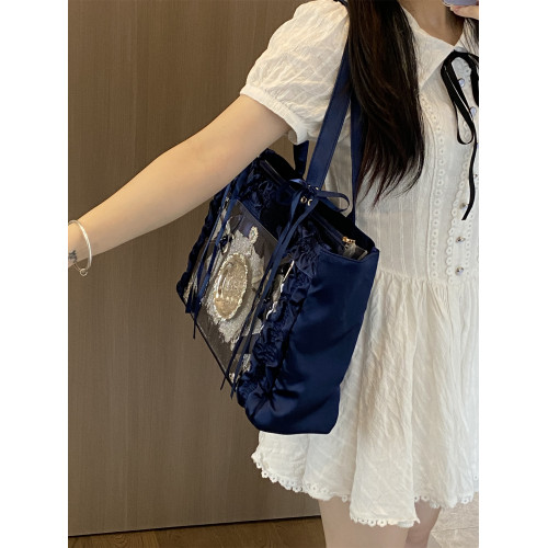 錢一波痛包｜紺色緞面花邊痛深藍色大容量單肩包日常百搭學生製服