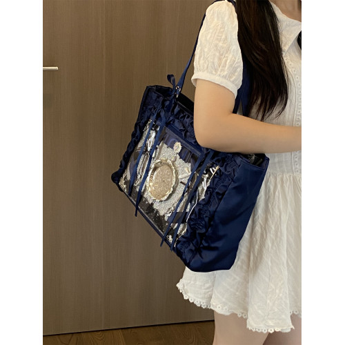 錢一波痛包｜紺色緞面花邊痛深藍色大容量單肩包日常百搭學生製服