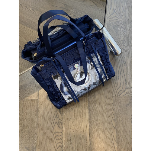 錢一波痛包｜紺色緞面花邊痛深藍色大容量單肩包日常百搭學生製服