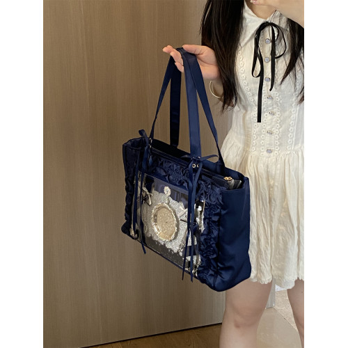 錢一波痛包｜紺色緞面花邊痛深藍色大容量單肩包日常百搭學生製服