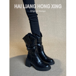 羊皮版~復古厚底粗跟短靴女秋冬新款顯瘦高跟堆堆靴西部靴馬丁靴