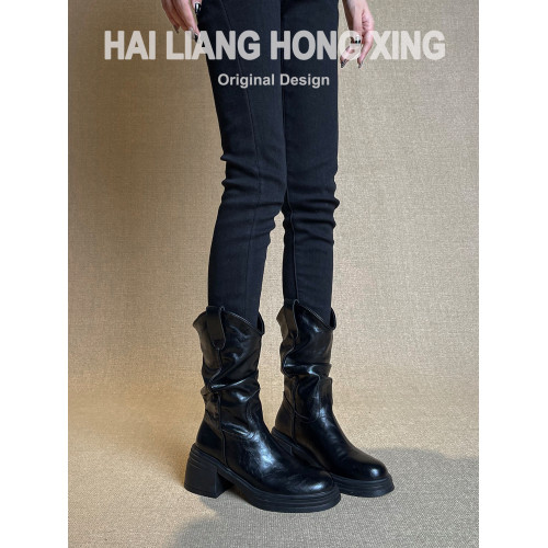 羊皮版~復古厚底粗跟短靴女秋冬新款顯瘦高跟堆堆靴西部靴馬丁靴