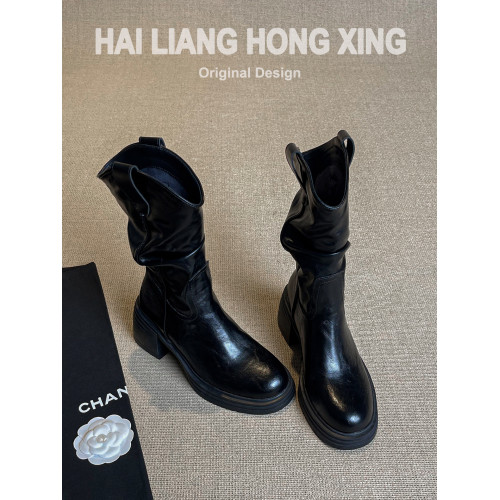 羊皮版~復古厚底粗跟短靴女秋冬新款顯瘦高跟堆堆靴西部靴馬丁靴