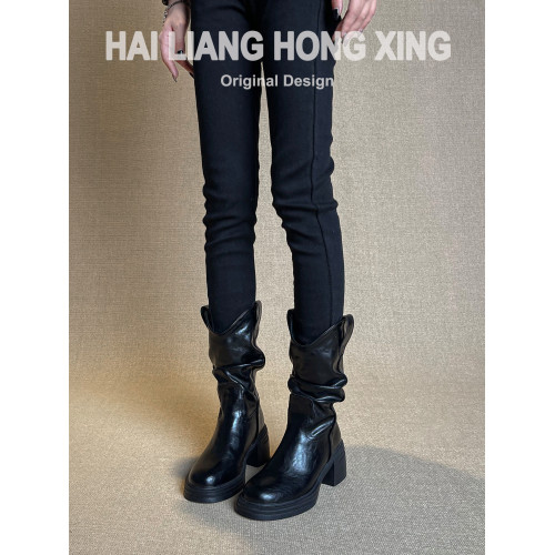 羊皮版~復古厚底粗跟短靴女秋冬新款顯瘦高跟堆堆靴西部靴馬丁靴