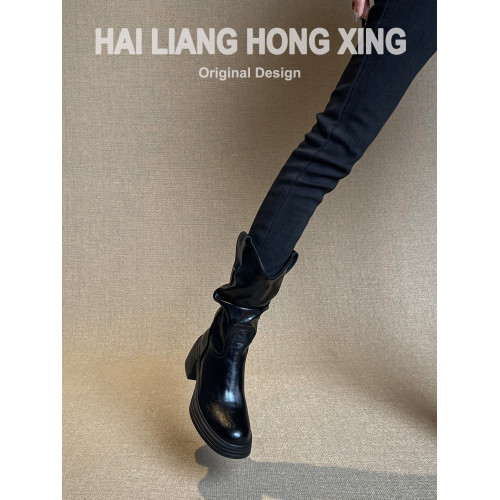 羊皮版~復古厚底粗跟短靴女秋冬新款顯瘦高跟堆堆靴西部靴馬丁靴