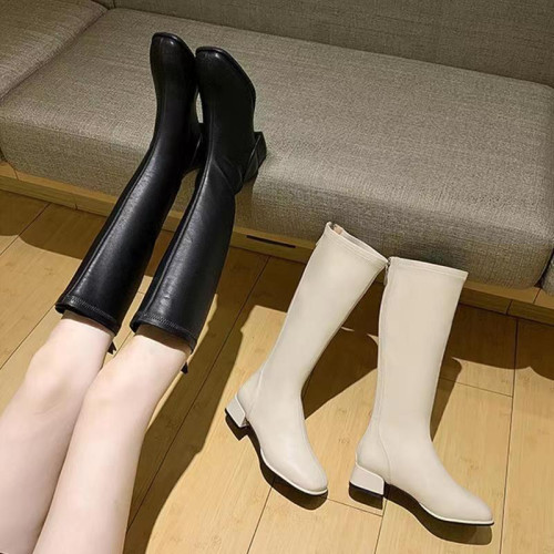長筒靴女2025年新款高跟粗跟過膝馬丁靴子後拉鍊軟皮黑米白色加絨