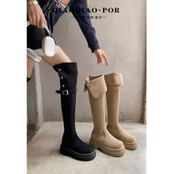 大筒圍美拉德兩穿過膝靴女粗跟厚底顯瘦加寬騎士靴大碼女靴41到43