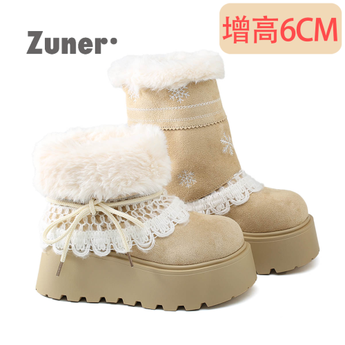 尊兒雪花套筒毛茸雪地靴女2025冬季厚底中筒多穿保暖增高6CM花邊