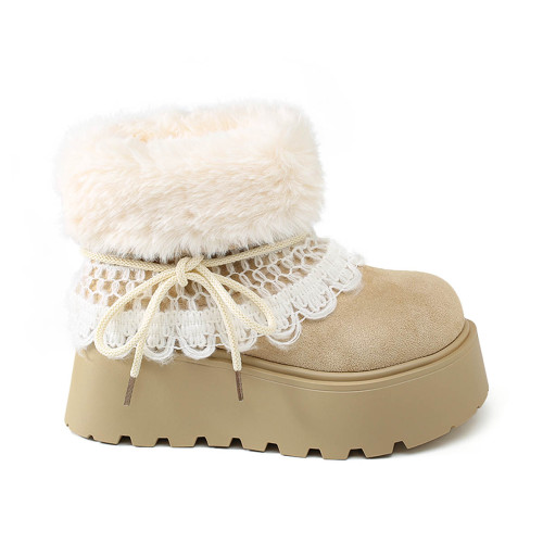 尊兒雪花套筒毛茸雪地靴女2025冬季厚底中筒多穿保暖增高6CM花邊