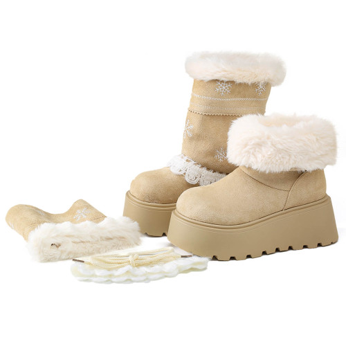 尊兒雪花套筒毛茸雪地靴女2025冬季厚底中筒多穿保暖增高6CM花邊