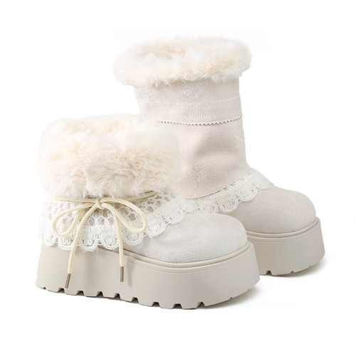 尊兒雪花套筒毛茸雪地靴女2025冬季厚底中筒多穿保暖增高6CM花邊