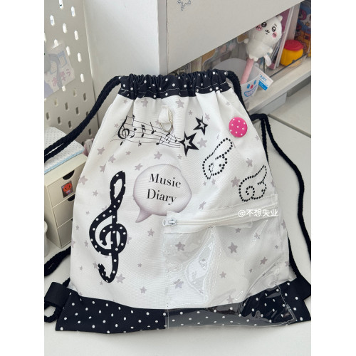 不想失業原創音符抽繩痛包百搭古早味雙肩包包大容量小衆追星後後背包