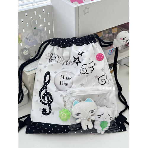 不想失業原創音符抽繩痛包百搭古早味雙肩包包大容量小衆追星後後背包