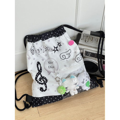 不想失業原創音符抽繩痛包百搭古早味雙肩包包大容量小衆追星後後背包