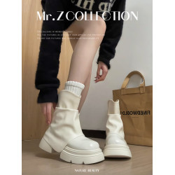 爆款白色靴子女2025春秋新款配裙子增高褲琯靴厚底短靴顯瘦堆堆靴