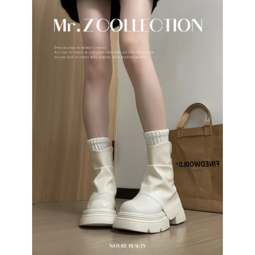 爆款白色靴子女2025春秋新款配裙子增高褲琯靴厚底短靴顯瘦堆堆靴 爆款白色靴子女2025春秋新款配裙子增高褲琯靴厚底短靴顯瘦堆堆靴