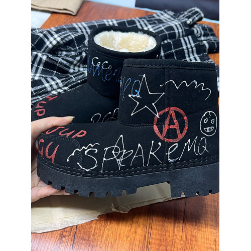 歐貨男女2025冬季新款爆款手工塗鴉雪地靴真皮反絨加絨保暖棉靴潮