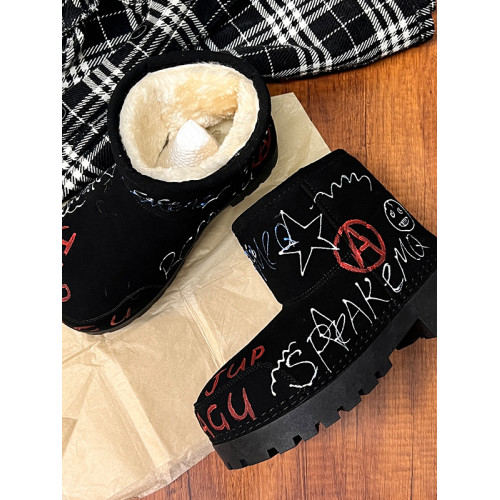 歐貨男女2025冬季新款爆款手工塗鴉雪地靴真皮反絨加絨保暖棉靴潮