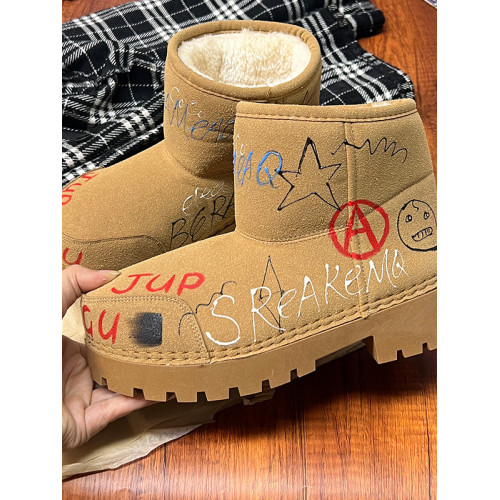 歐貨男女2025冬季新款爆款手工塗鴉雪地靴真皮反絨加絨保暖棉靴潮