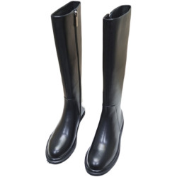 歐美2026真皮牛皮長筒靴女顯瘦圓頭粗跟中跟高筒女靴側拉鍊馬丁靴