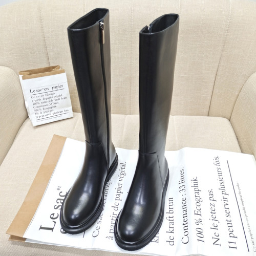 歐美2026真皮牛皮長筒靴女顯瘦圓頭粗跟中跟高筒女靴側拉鍊馬丁靴