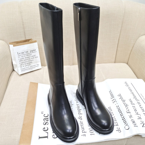 歐美2026真皮牛皮長筒靴女顯瘦圓頭粗跟中跟高筒女靴側拉鍊馬丁靴