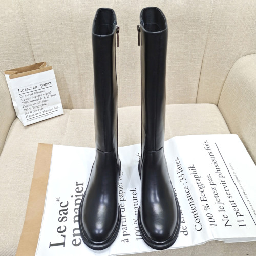 歐美2026真皮牛皮長筒靴女顯瘦圓頭粗跟中跟高筒女靴側拉鍊馬丁靴