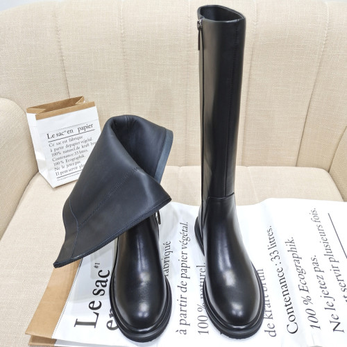 歐美2026真皮牛皮長筒靴女顯瘦圓頭粗跟中跟高筒女靴側拉鍊馬丁靴