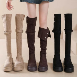 時尚兩穿長筒靴子女2025年春季新款粗跟厚底增高過膝瘦瘦靴騎士靴