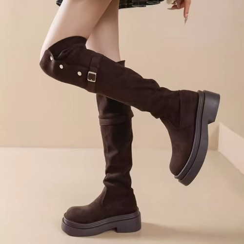 時尚兩穿長筒靴子女2025年春季新款粗跟厚底增高過膝瘦瘦靴騎士靴