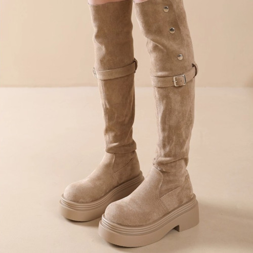 時尚兩穿長筒靴子女2025年春季新款粗跟厚底增高過膝瘦瘦靴騎士靴